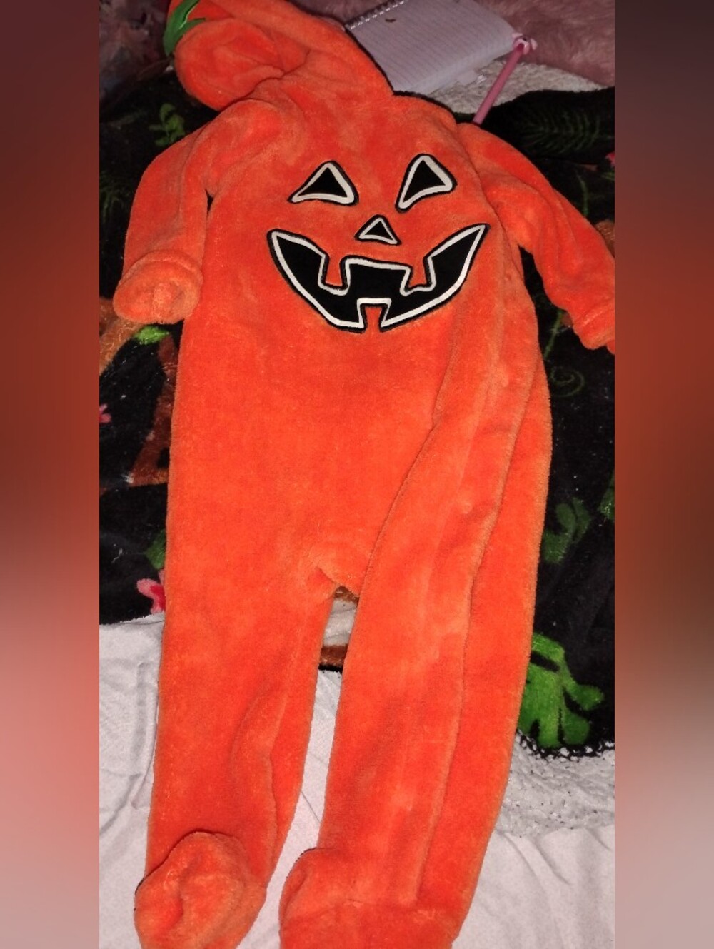 Infant Halloween Orange Pumpkin Jack-O'-Lantern Plush Footed Onesie